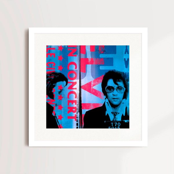 Most Wanted Collage Style - Elvis 1970 (Blue, Pink) By Louis Sidoli in white frame