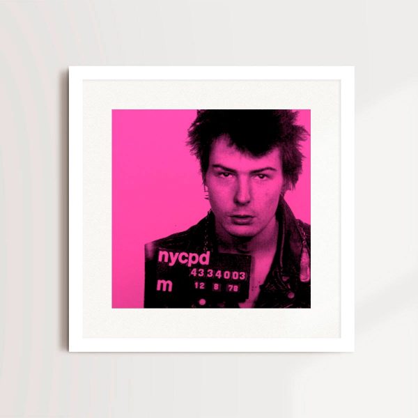 Most Wanted - Sid Vicious 1979 (Shocking Pink) By Louis Sidoli in white frame