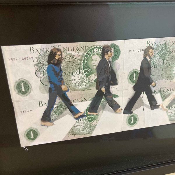Abbey Road Fab 4 on original £1 notes with stencil and spray can finish by TBOY.