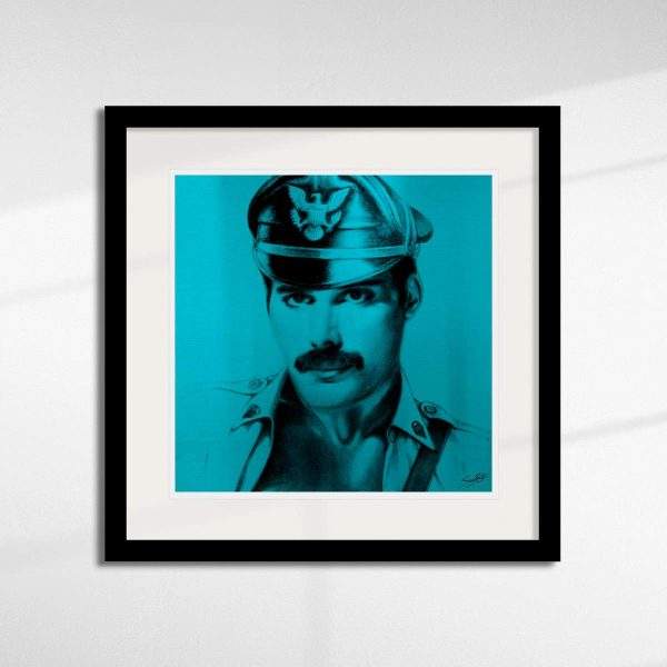 Macho Man Freddie Mercury in aqua. A limited edition paper print by Louis Sidoli in a black frame.