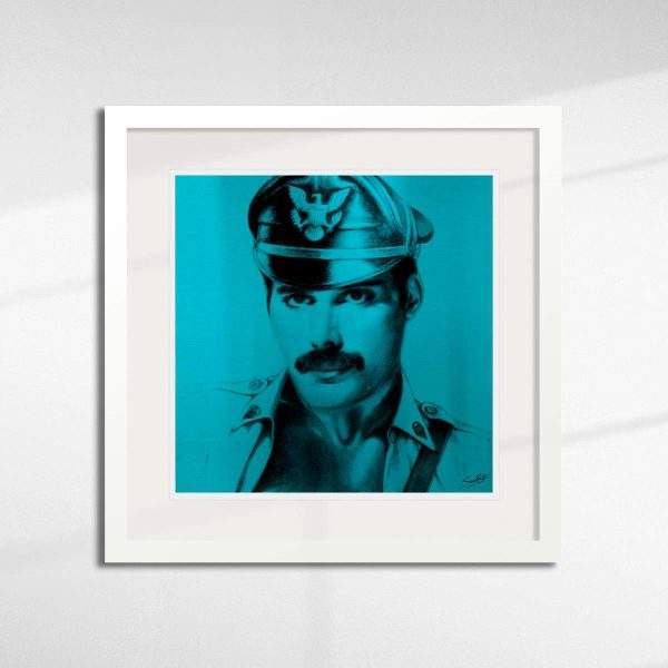 Macho Man Freddie Mercury in aqua. A limited edition paper print by Louis Sidoli in a white frame.